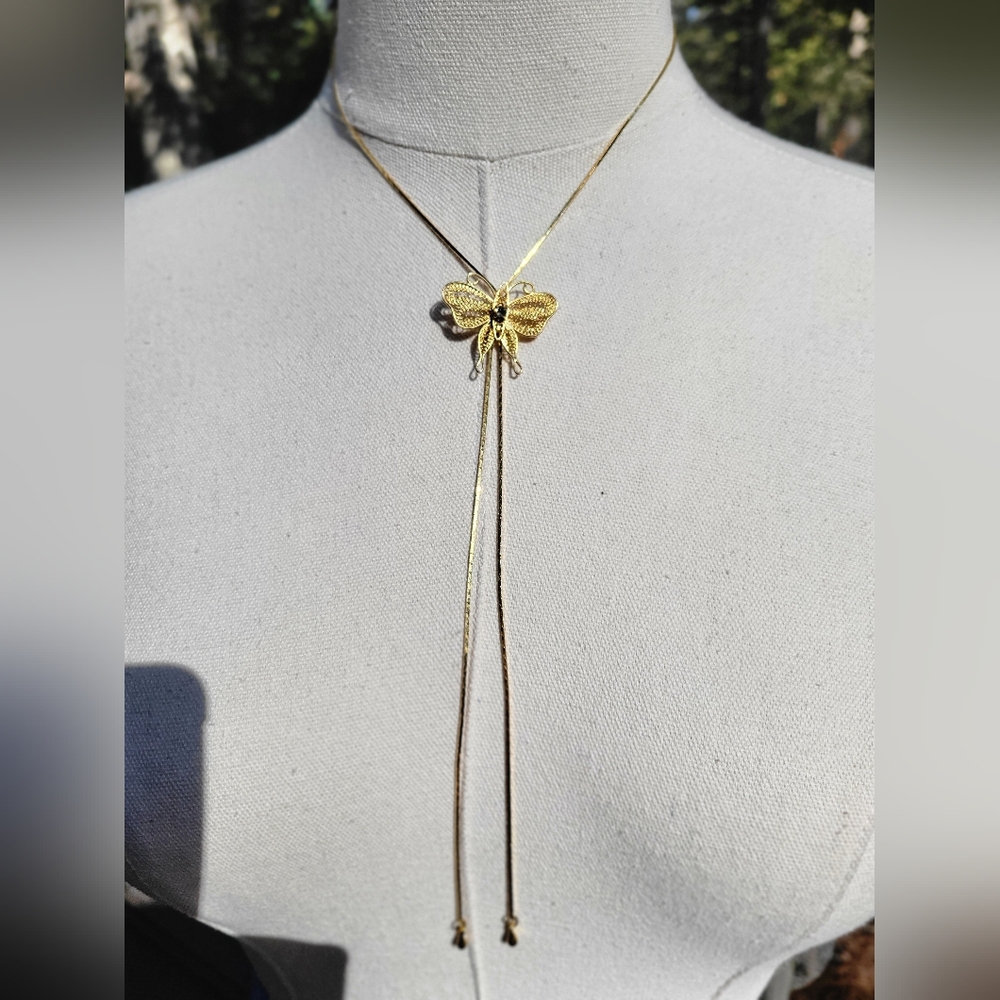 Vintage Delicate Gold Filigree Butterfly Slide Bolo Necklace - Picture 8 of 12